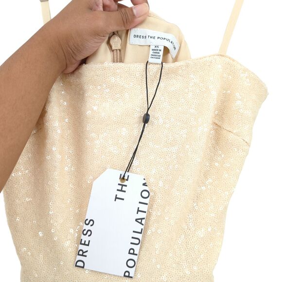 DRESS THE POPULATION Women XS Kady Dress Cream White Midi Tulle Sequin Dot NEW - Picture 6 of 10